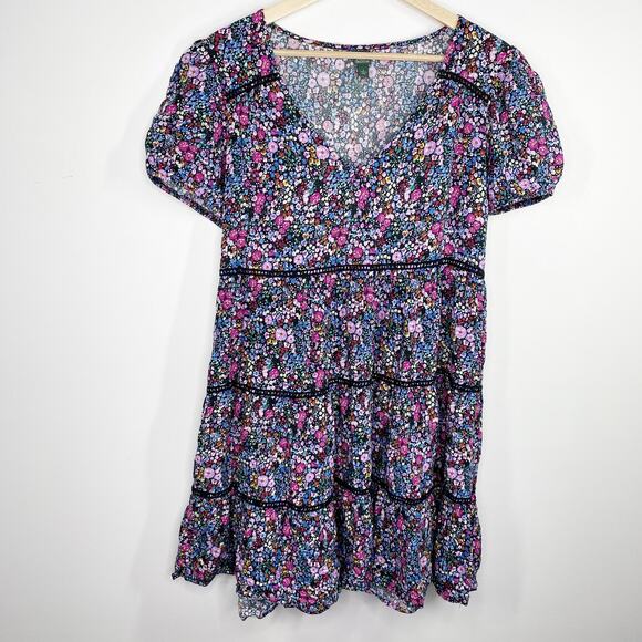 Wild Fable Black Purple Floral Print Short Sleeve Mini Dress Women's Size Small - Picture 1 of 7